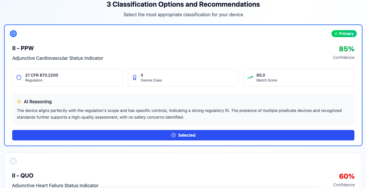 510k submission services device classification dashboard showing FDA product codes, regulation numbers, and classification pathways for medical devices