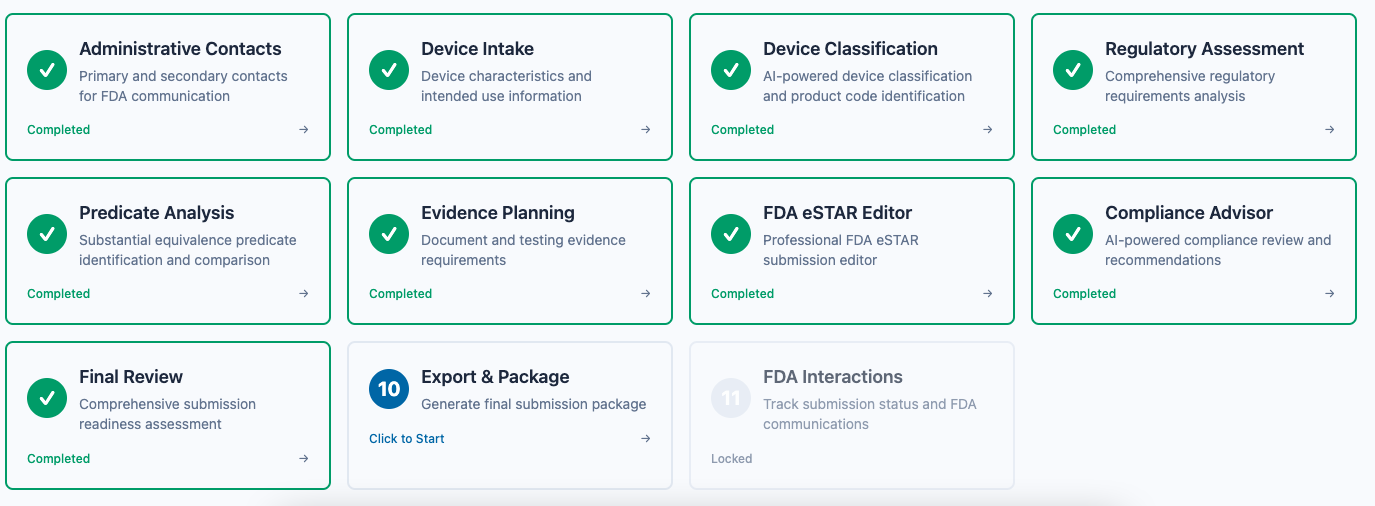 510k submission services workflow interface showing complete FDA 510(k) submission process from device intake to FDA clearance