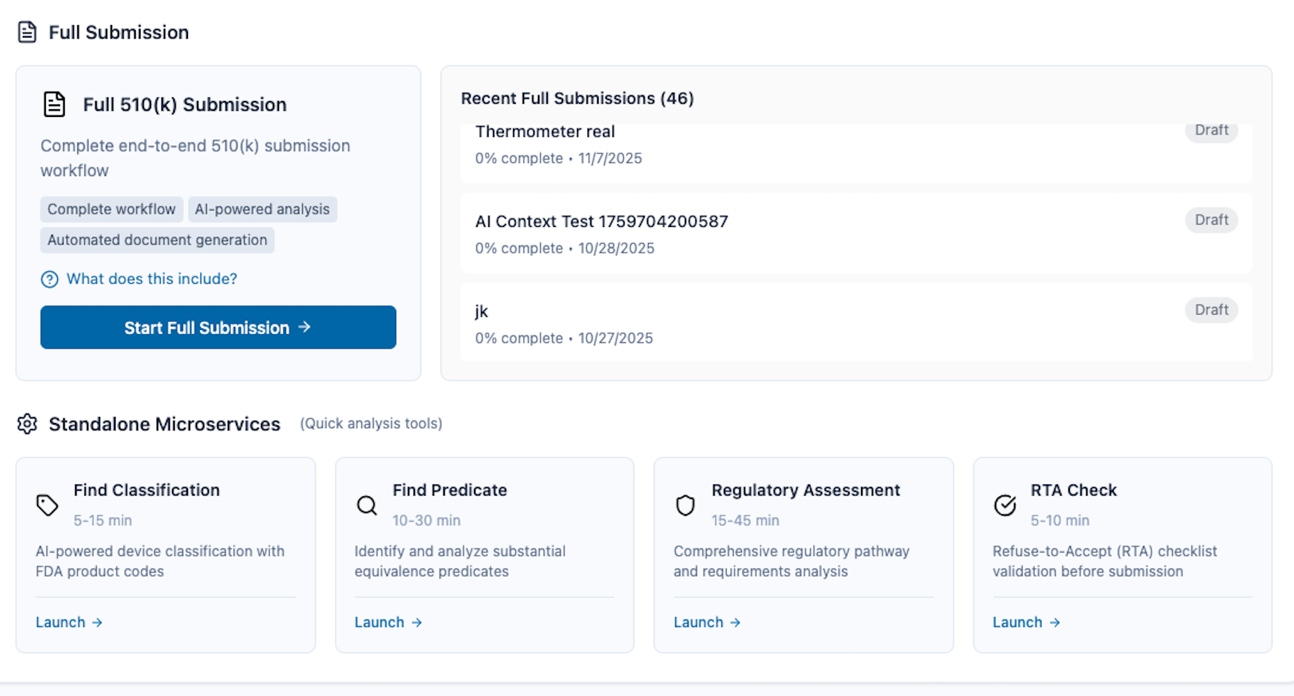 FDA 510(k) Dashboard showing full submission workflow and microservices including device classification, predicate finding, regulatory assessment, RTA check, and eSTAR editor