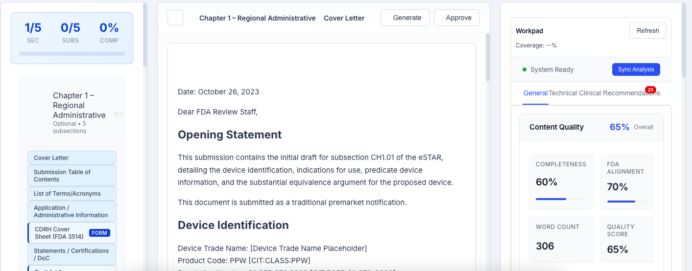 510k submission services eSTAR editor interface for drafting and reviewing FDA 510(k) submission sections with AI assistance