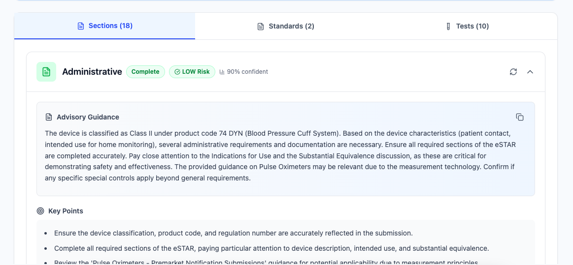 510k submission services regulatory assessment interface showing comprehensive FDA 510(k) requirements analysis across all eSTAR sections