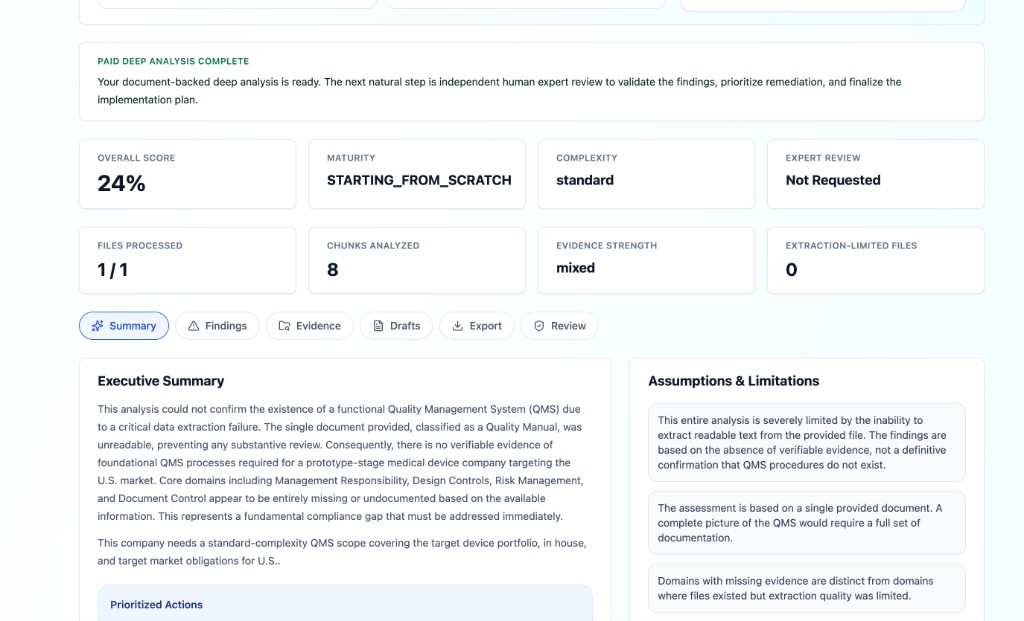 Document-backed paid deep analysis summary with overall score, maturity, files processed, and executive summary
