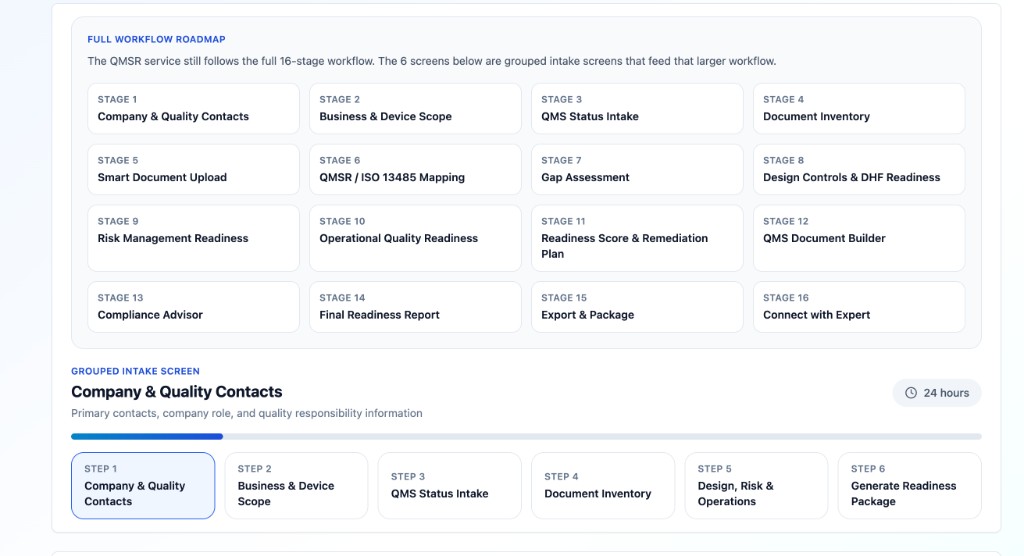 Full 16-stage QMSR workflow roadmap and grouped intake screens with progress